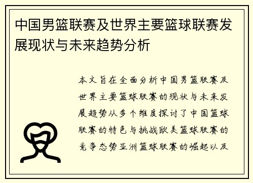 中国男篮联赛及世界主要篮球联赛发展现状与未来趋势分析