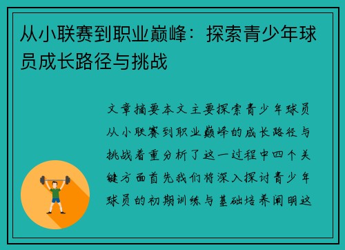 从小联赛到职业巅峰：探索青少年球员成长路径与挑战