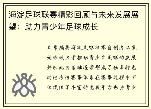 海淀足球联赛精彩回顾与未来发展展望：助力青少年足球成长
