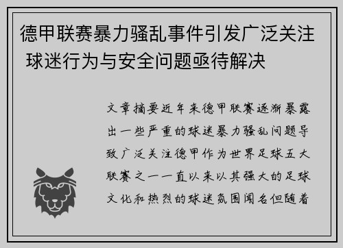 德甲联赛暴力骚乱事件引发广泛关注 球迷行为与安全问题亟待解决