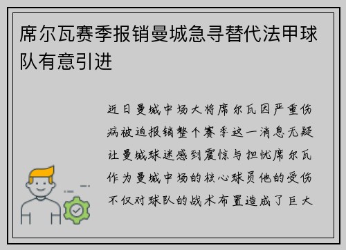 席尔瓦赛季报销曼城急寻替代法甲球队有意引进