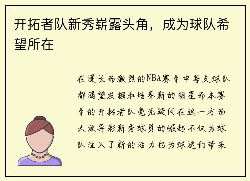 开拓者队新秀崭露头角，成为球队希望所在